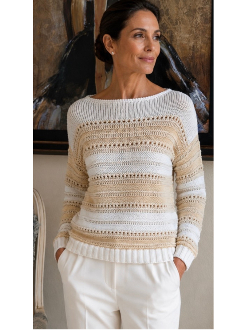 Lafayette 148 New York Sweater XS White Beige Scoop Neck Knit New! silk blend